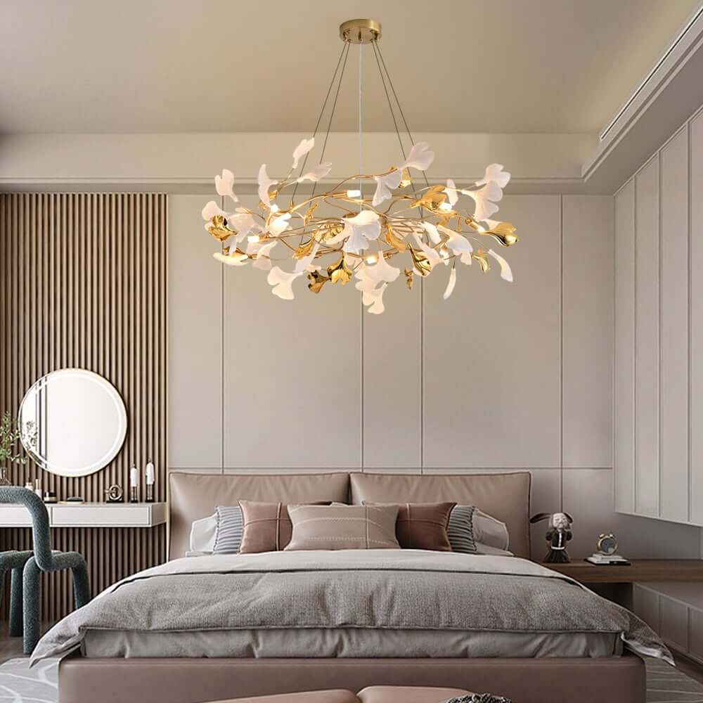 Art Deco 8-Light Gold Chandelier with Unique Ginkgo Leaf Design