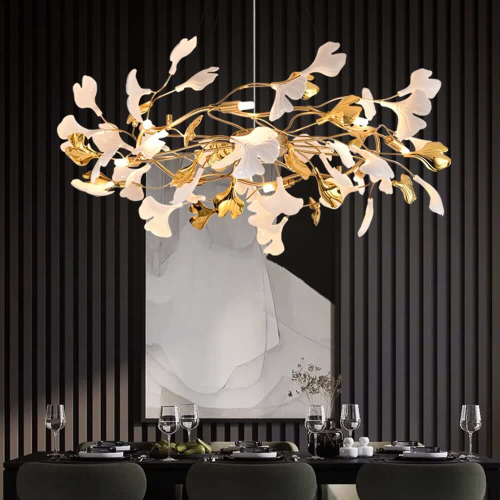 Art Deco 8-Light Gold Chandelier with Unique Ginkgo Leaf Design
