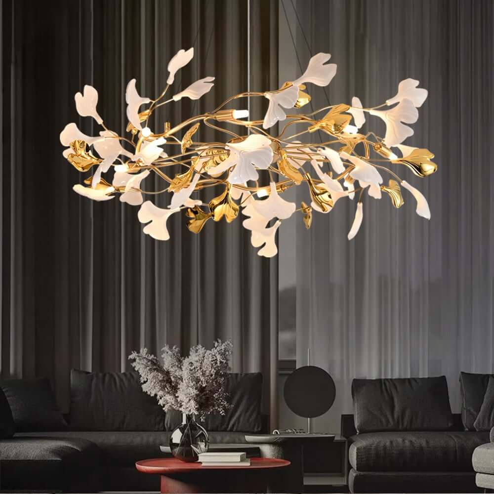 Art Deco 8-Light Gold Chandelier with Unique Ginkgo Leaf Design Main Product Image