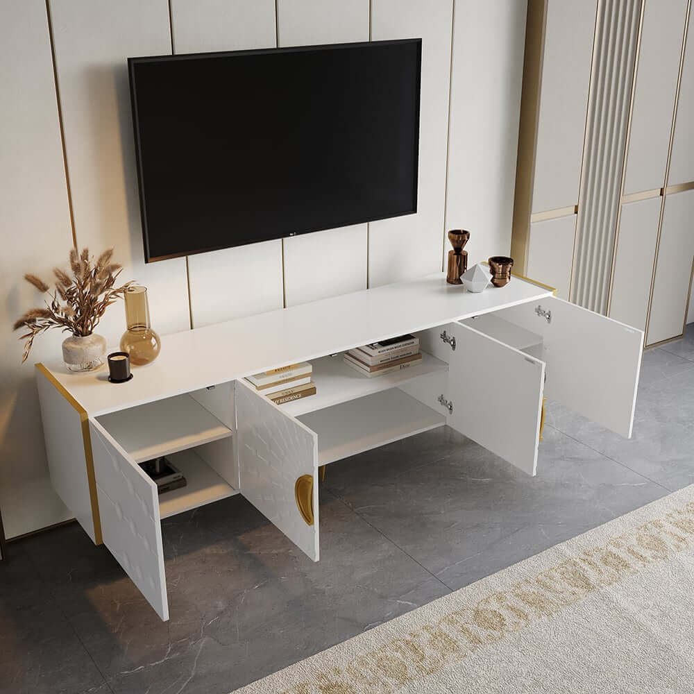 Art Deco Freestanding TV Stand With Cabinets - White