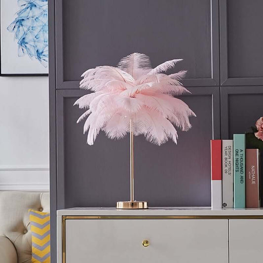 Art Deco Pink & Green Feather Table Lamp with Gold Base