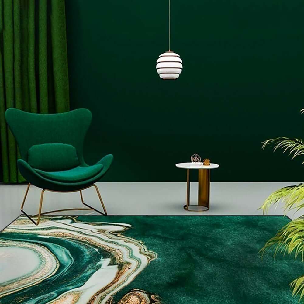 Art Deco Polyester Area Rug with Abstract Green Marble Print