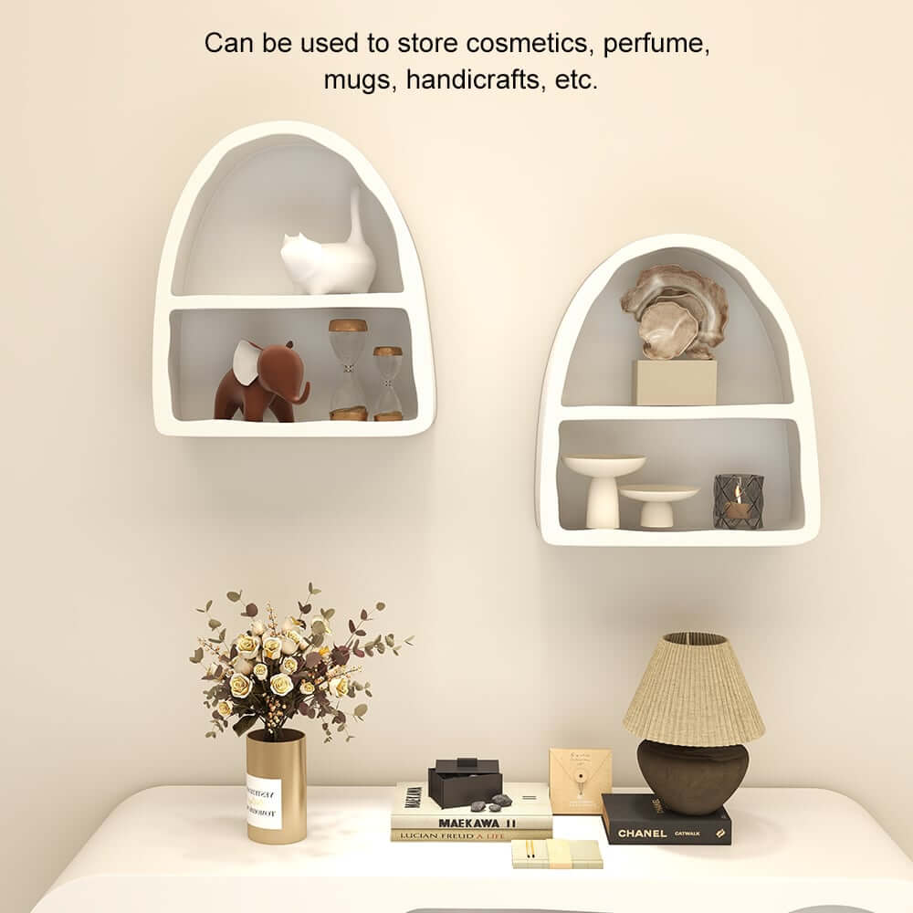 Art Deco White Wall Mounted Floating Shelf with 2 Open Shelves