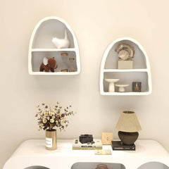 Art Deco White Wall Mounted Floating Shelf with 2 Open Shelves