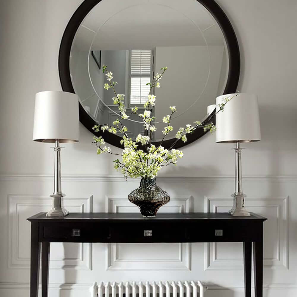 Artificial Cherry Blossom Set with Smoky Gray Glass Planter