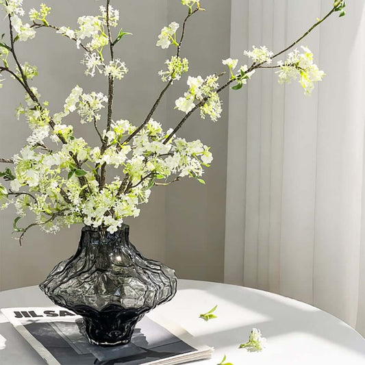 Artificial Cherry Blossom Set with Smoky Gray Glass Planter