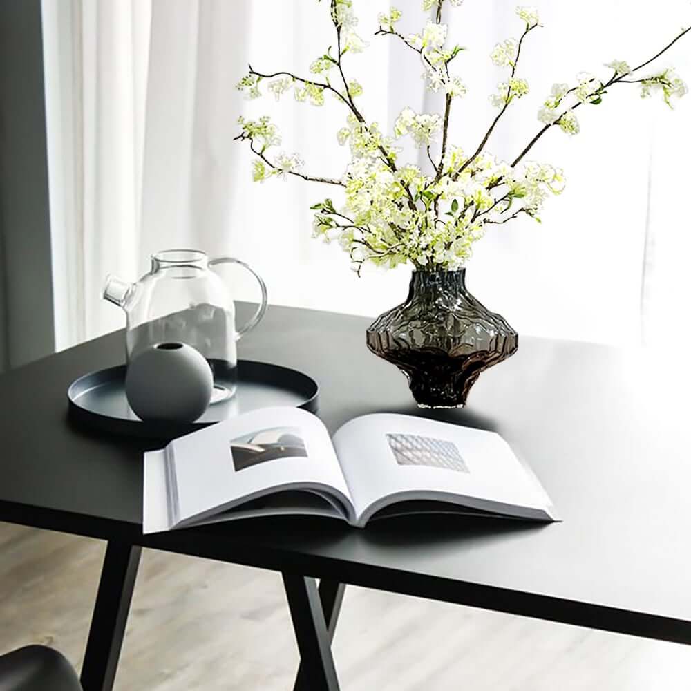 Artificial Cherry Blossom Set with Smoky Gray Glass Planter