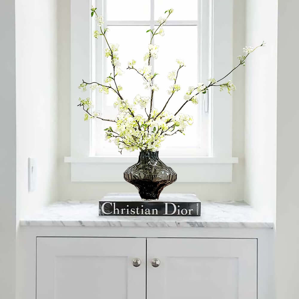 Artificial Cherry Blossom Set with Smoky Gray Glass Planter