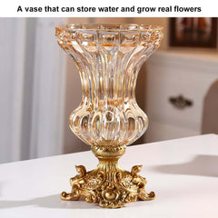 Artificial Orange Floral Arrangement in Gold Glass Planter