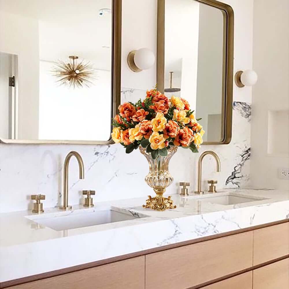 Artificial Orange Floral Arrangement in Gold Glass Planter