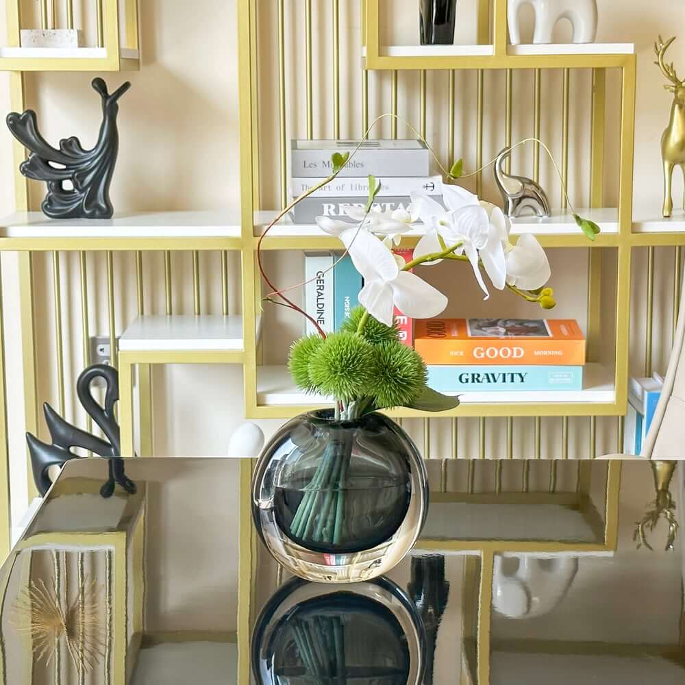 Artificial Orchid Floral Arrangement in Black Glass Planter