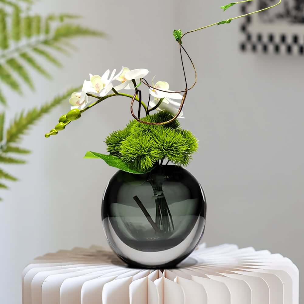 Artificial Orchid Floral Arrangement in Black Glass Planter