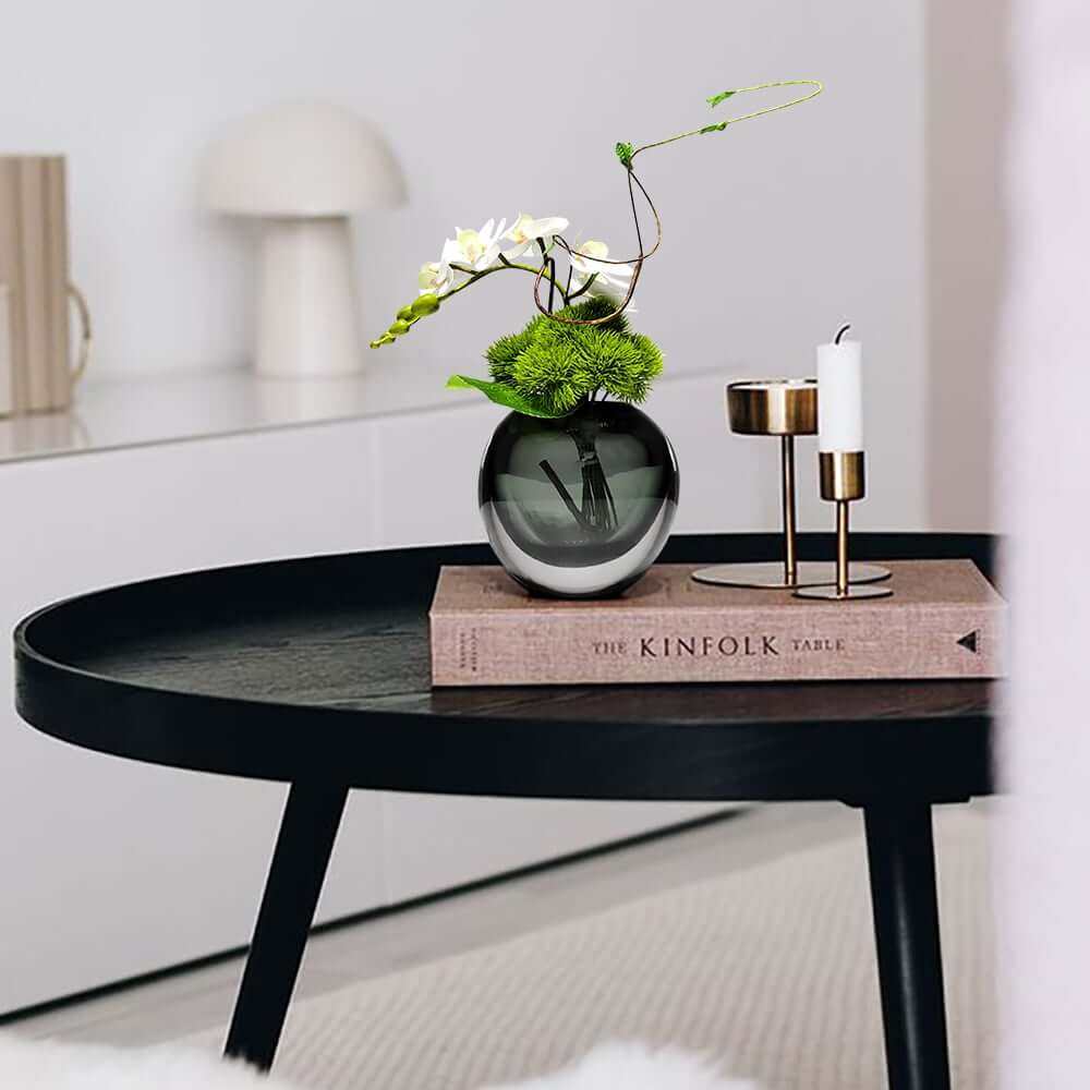 Artificial Orchid Floral Arrangement in Black Glass Planter