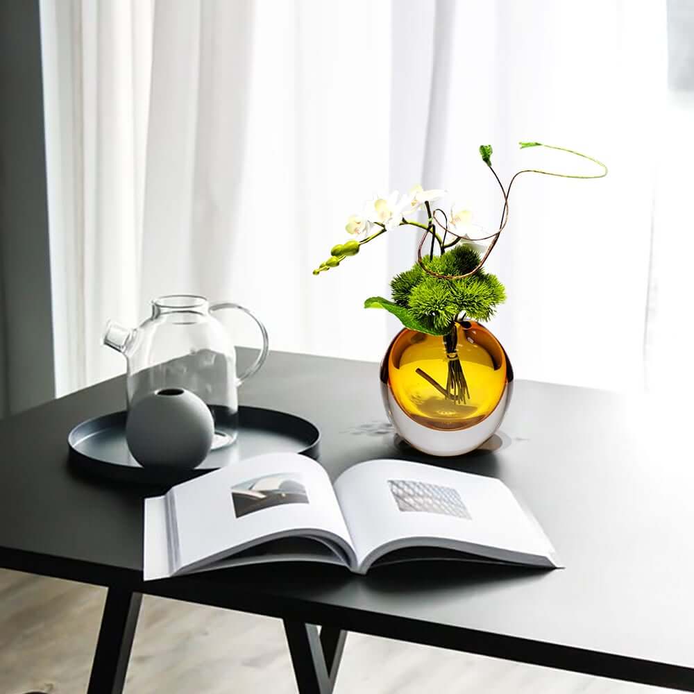 Artificial Orchid Floral Arrangement in Black Glass Planter