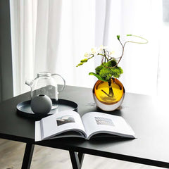 Artificial Orchid Floral Arrangement in Black Glass Planter