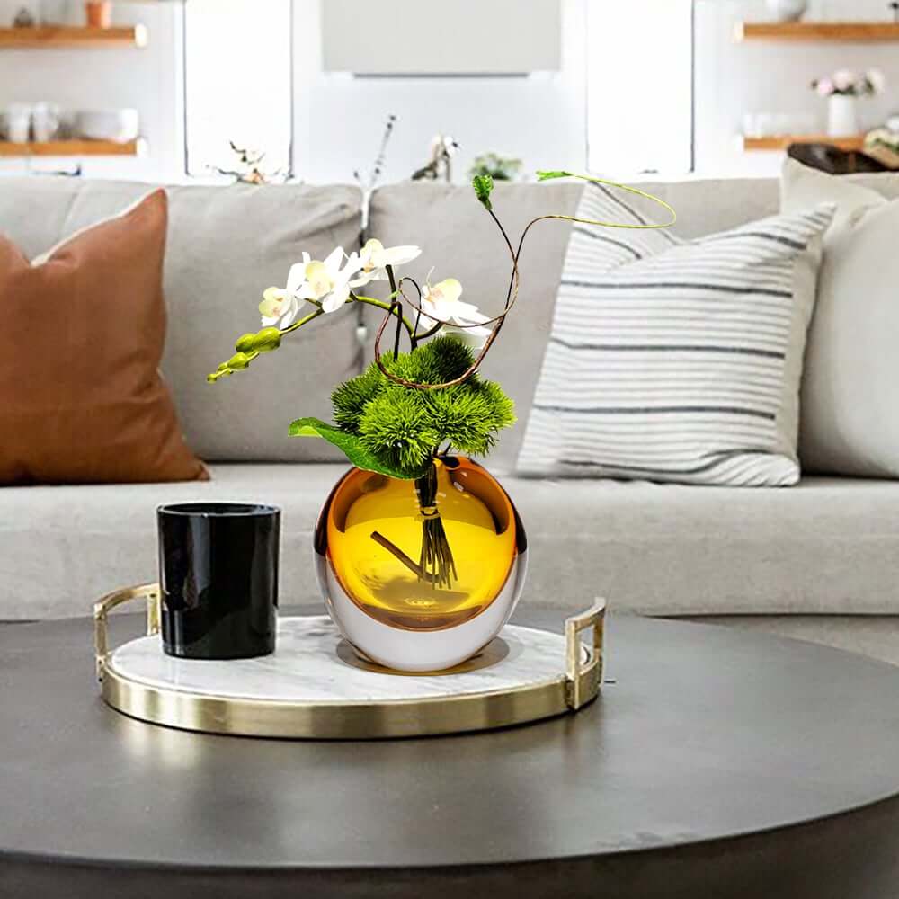 Artificial Orchid Floral Arrangement in Black Glass Planter