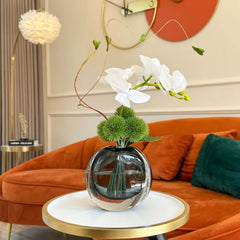 Artificial Orchid Floral Arrangement in Black Glass Planter