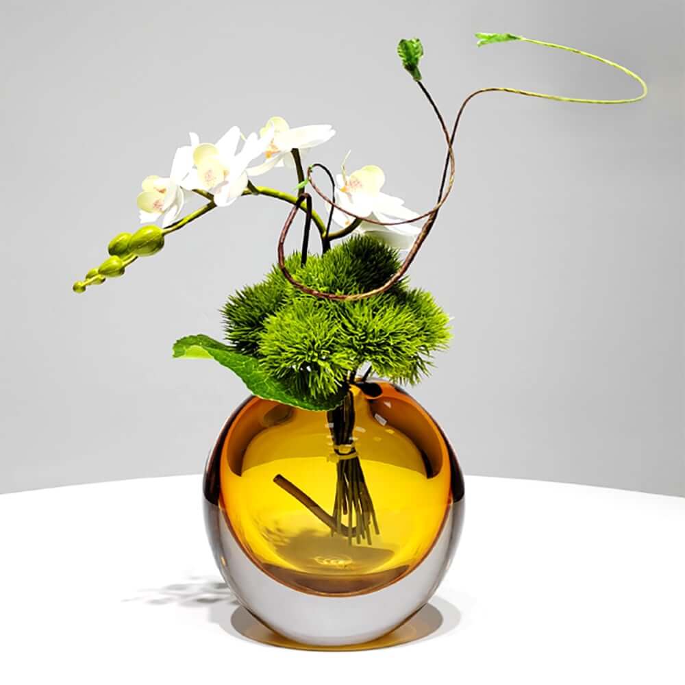Artificial Orchid Floral Arrangement in Black Glass Planter