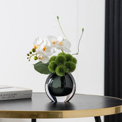 Artificial Orchid Floral Arrangement in Black Glass Planter