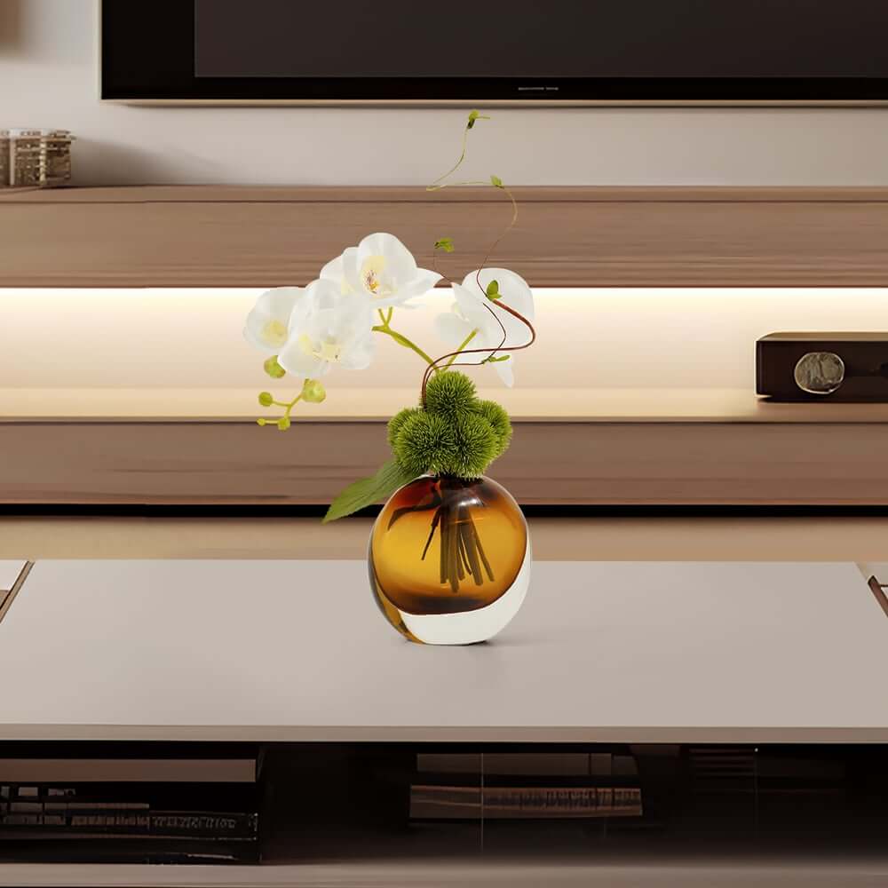 Artificial Orchid Floral Arrangement in Black Glass Planter