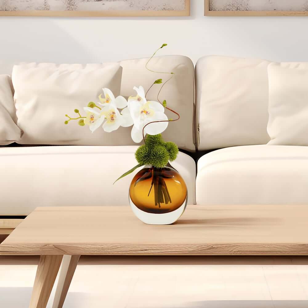 Artificial Orchid Floral Arrangement in Black Glass Planter