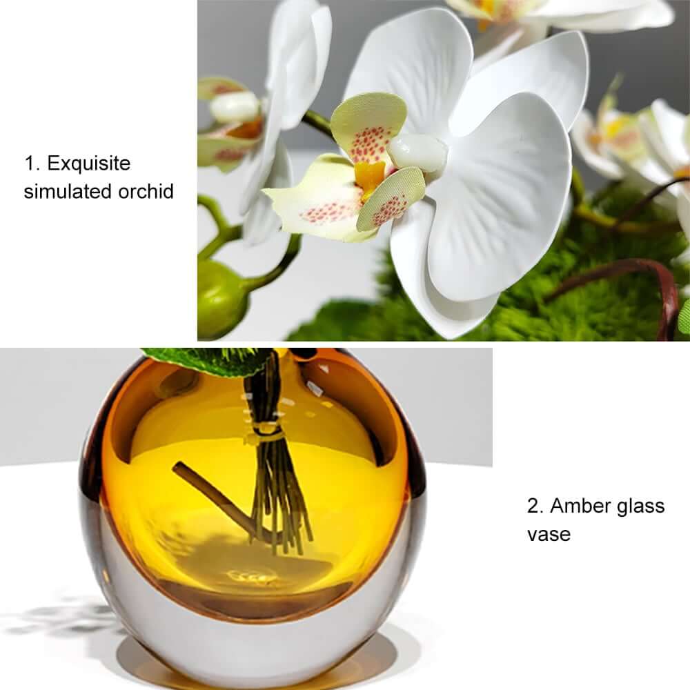 Artificial Orchid Floral Arrangement in Black Glass Planter