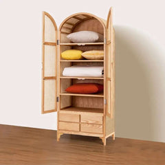 Ash Wood Japandi Armoire With Rattan Doors And Four Drawers