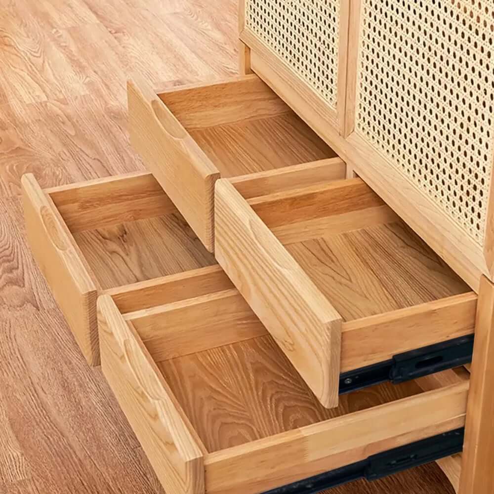 Ash Wood Japandi Armoire With Rattan Doors And Four Drawers