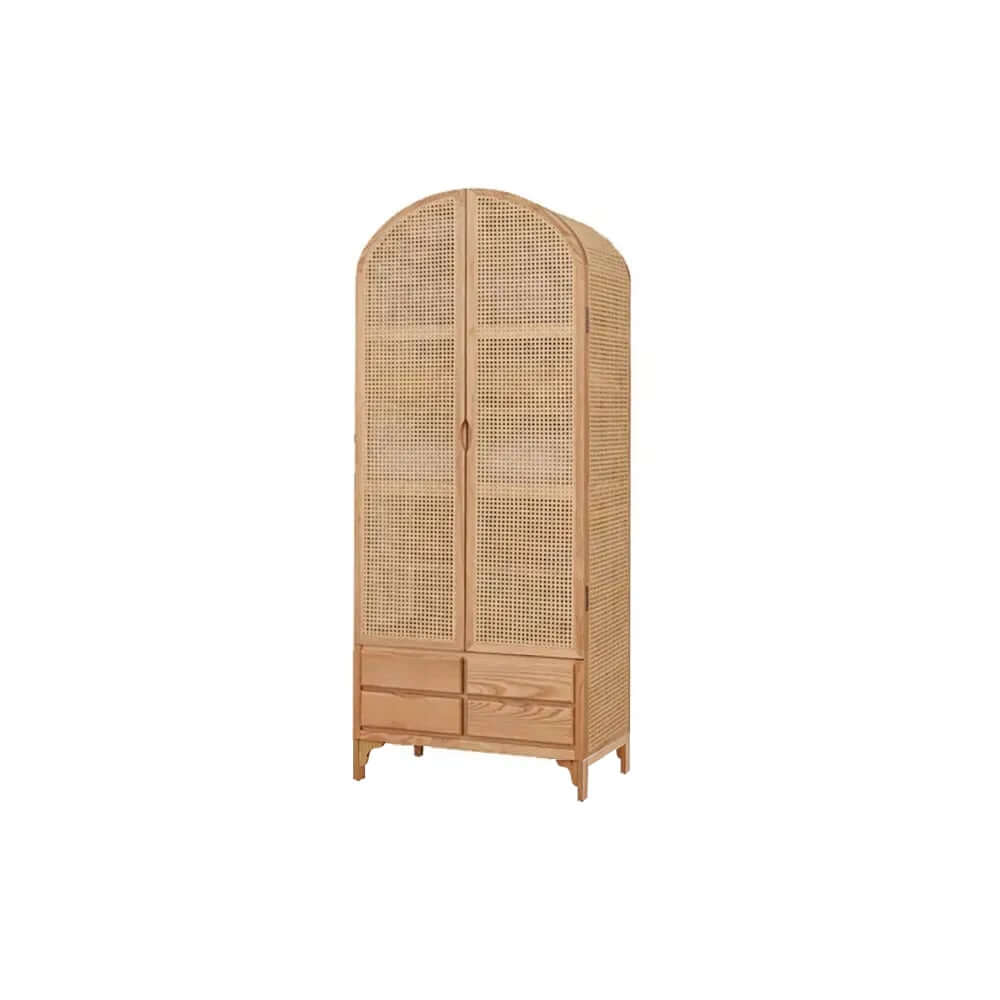 Ash Wood Japandi Armoire With Rattan Doors And Four Drawers