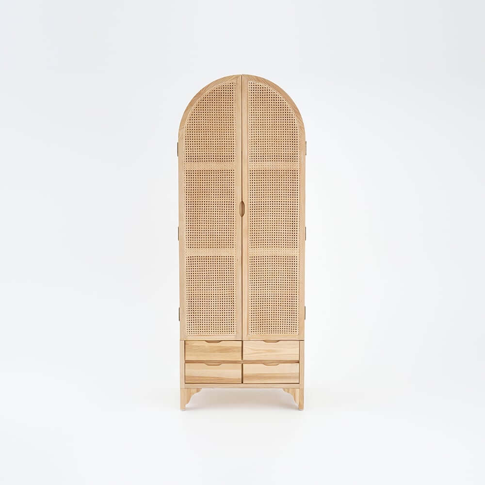 Ash Wood Japandi Armoire With Rattan Doors And Four Drawers