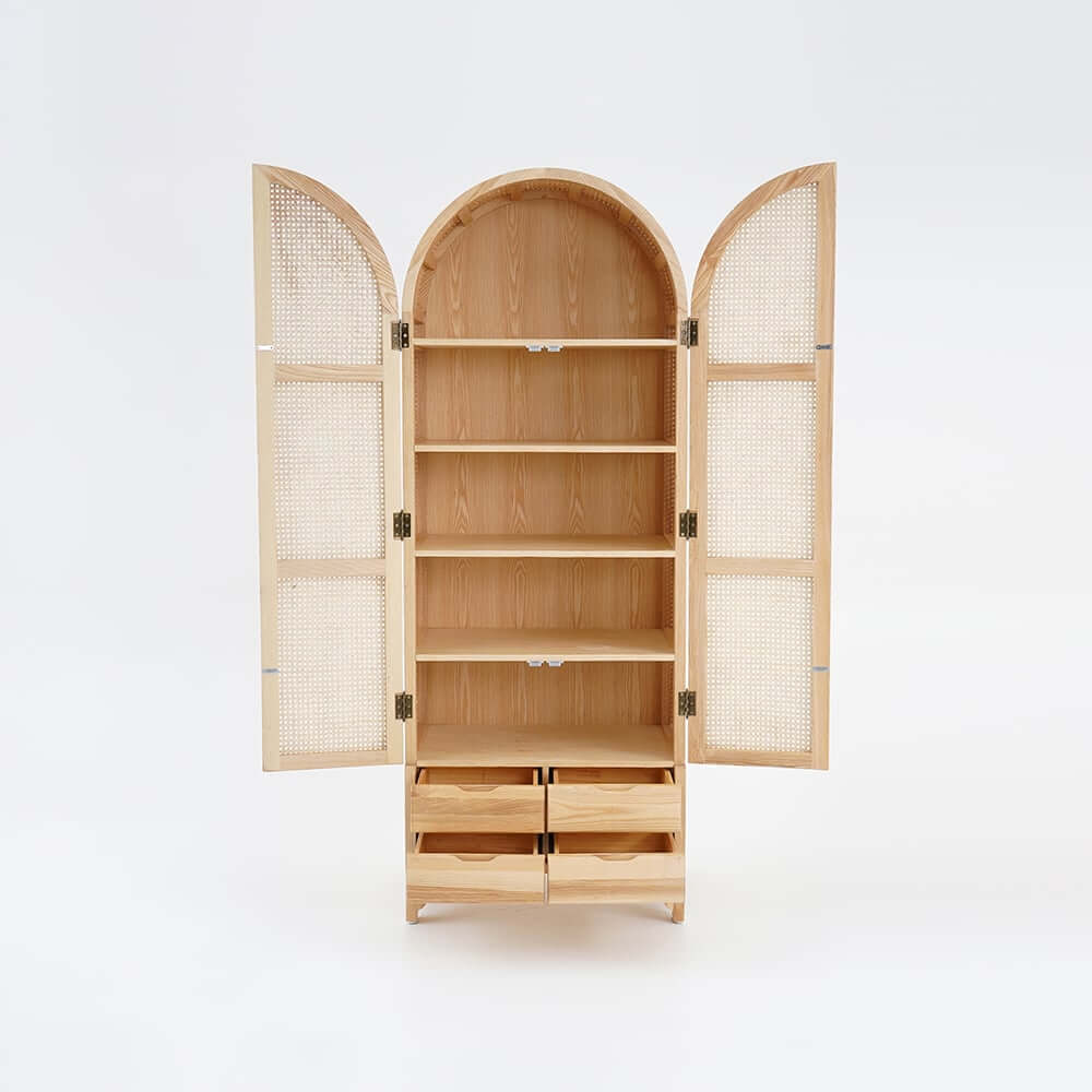 Ash Wood Japandi Armoire With Rattan Doors And Four Drawers