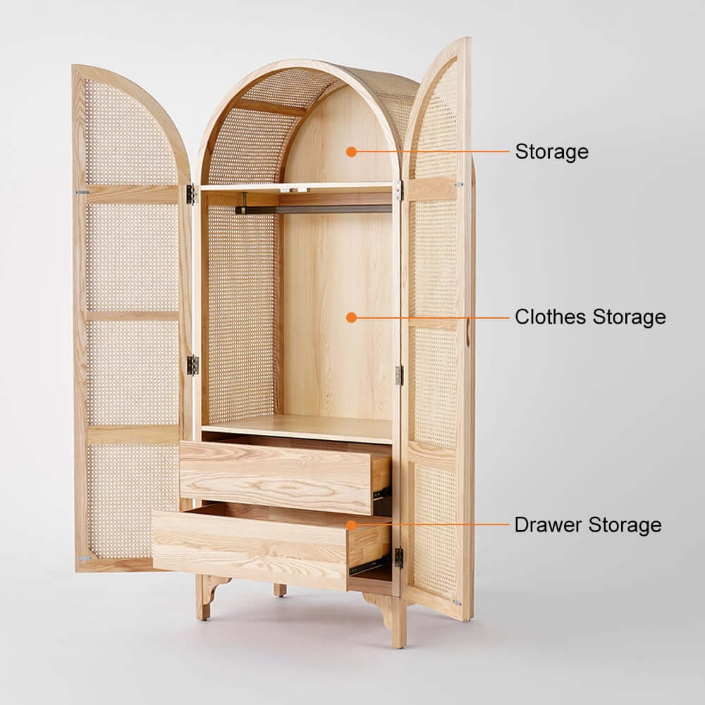 Ash Wood Wardrobe with Rattan Doors and Two Drawers