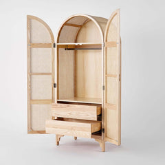 Ash Wood Wardrobe with Rattan Doors and Two Drawers