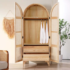 Ash Wood Wardrobe with Rattan Doors and Two Drawers Main Product Image
