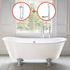 Clawfoot Bathtub with Porcelain Enameled Cast Iron, Roll Top, Oval Shape, Casual Style & Soaking Therapy, Blue-White, Tub Bathtubs