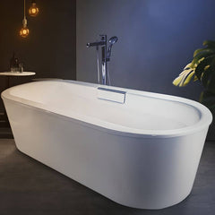 Cast Iron Modern Simple Style Elliptical Roll Top Soaking Freestanding Bathtub in White, 63"L x 29.5"W x 20"H, With Arm Bathtubs