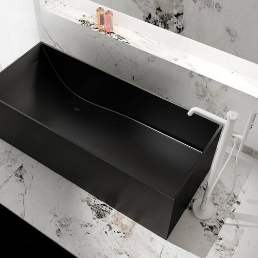 Coal Stone Freestanding Bathtub with Rectangle Casual Back to Wall Soaking Design Bathtubs