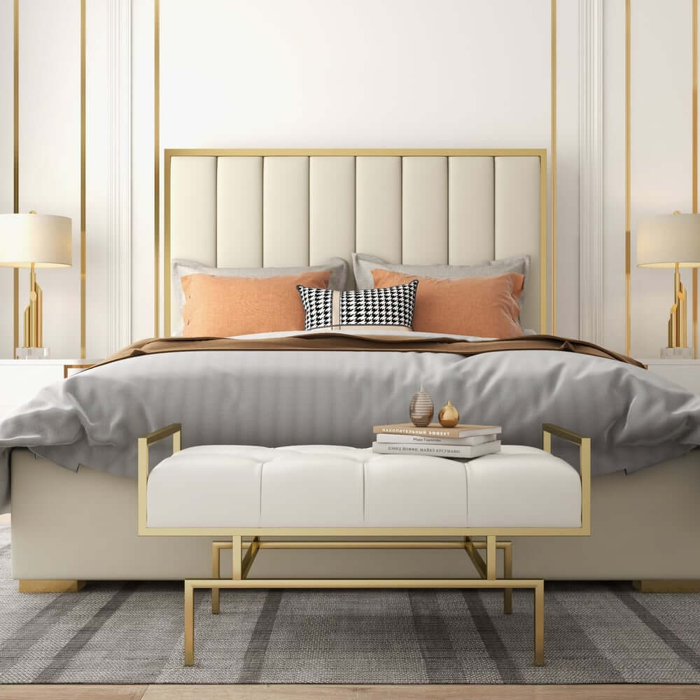 Beige Faux Leather Modern Backless Entryway Bench with Gold Legs