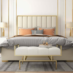 Beige Faux Leather Modern Backless Entryway Bench with Gold Legs