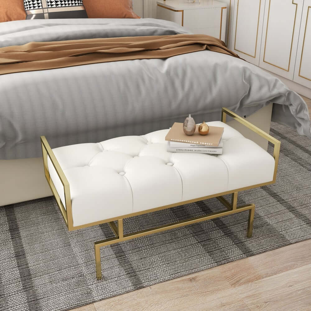 Beige Faux Leather Modern Backless Entryway Bench with Gold Legs