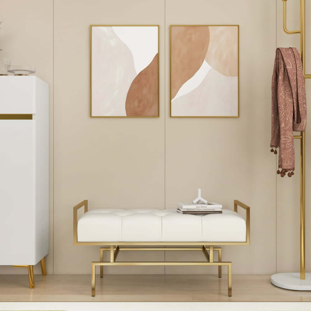 Beige Faux Leather Modern Backless Entryway Bench with Gold Legs