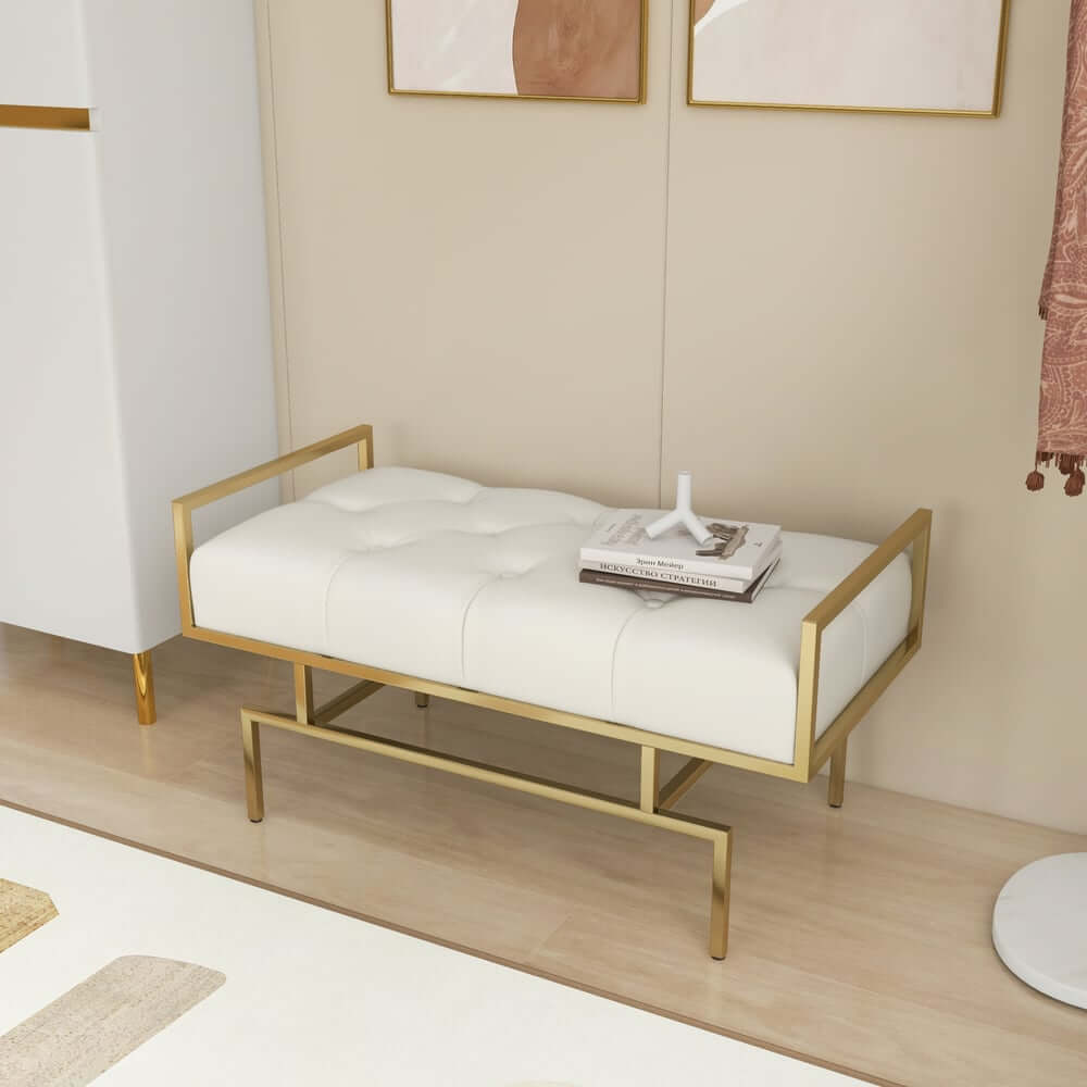Beige Faux Leather Modern Backless Entryway Bench with Gold Legs