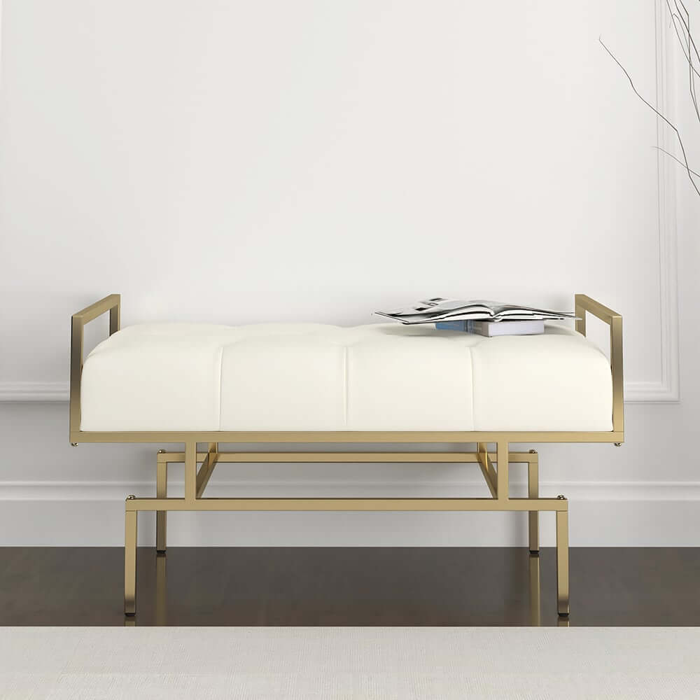 Beige Faux Leather Modern Backless Entryway Bench with Gold Legs