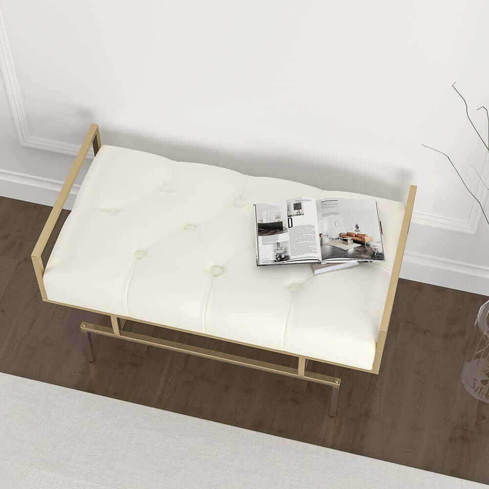 Beige Faux Leather Modern Backless Entryway Bench with Gold Legs