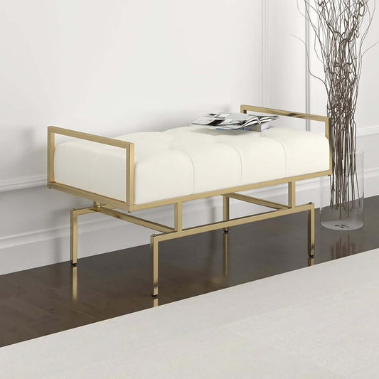 Beige Faux Leather Modern Backless Entryway Bench with Gold Legs Main Product Image