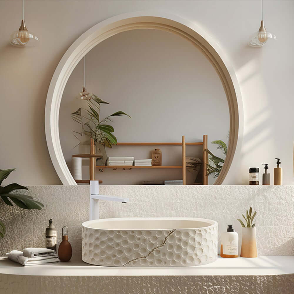 Beige Oval Stone Resin Vessel Sink - Japandi Style Bathroom Sink