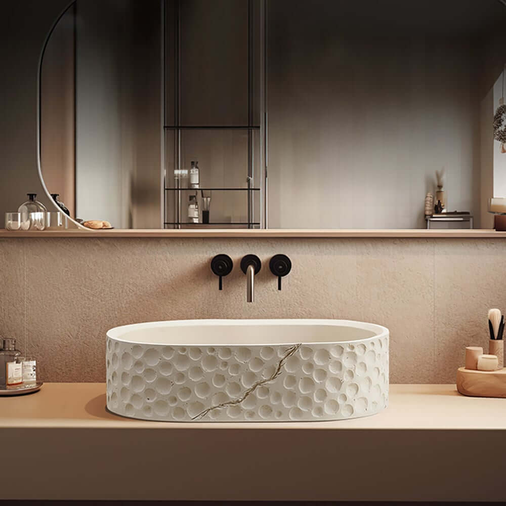 Beige Oval Stone Resin Vessel Sink - Japandi Style Bathroom Sink
