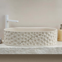 Beige Oval Stone Resin Vessel Sink - Japandi Style Bathroom Sink