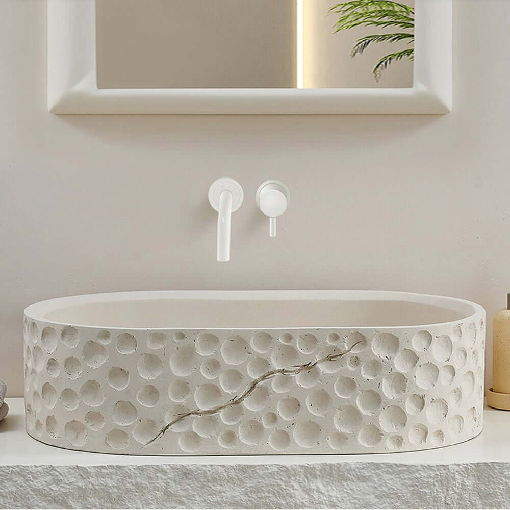 Beige Oval Stone Resin Vessel Sink - Japandi Style Bathroom Sink