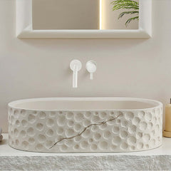Beige Oval Stone Resin Vessel Sink - Japandi Style Bathroom Sink